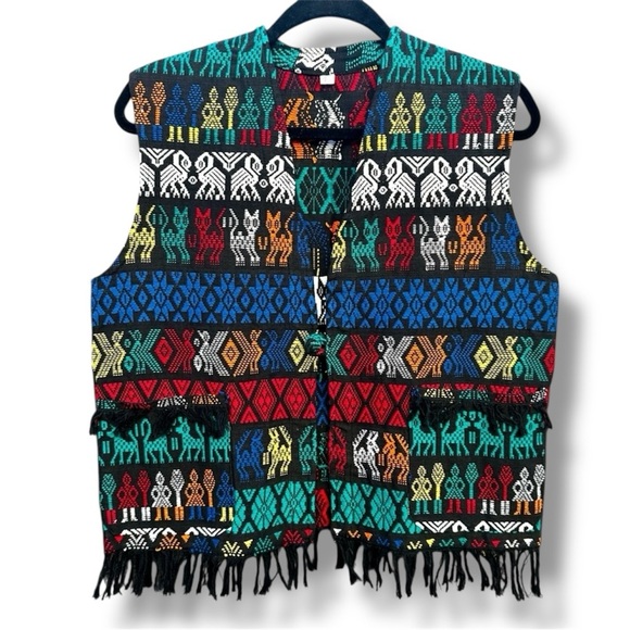 VTG Hand Woven Mexican Guatamalan Mayan Aztec Animal Embroidered Vest Sz SM-MD - Picture 2 of 6